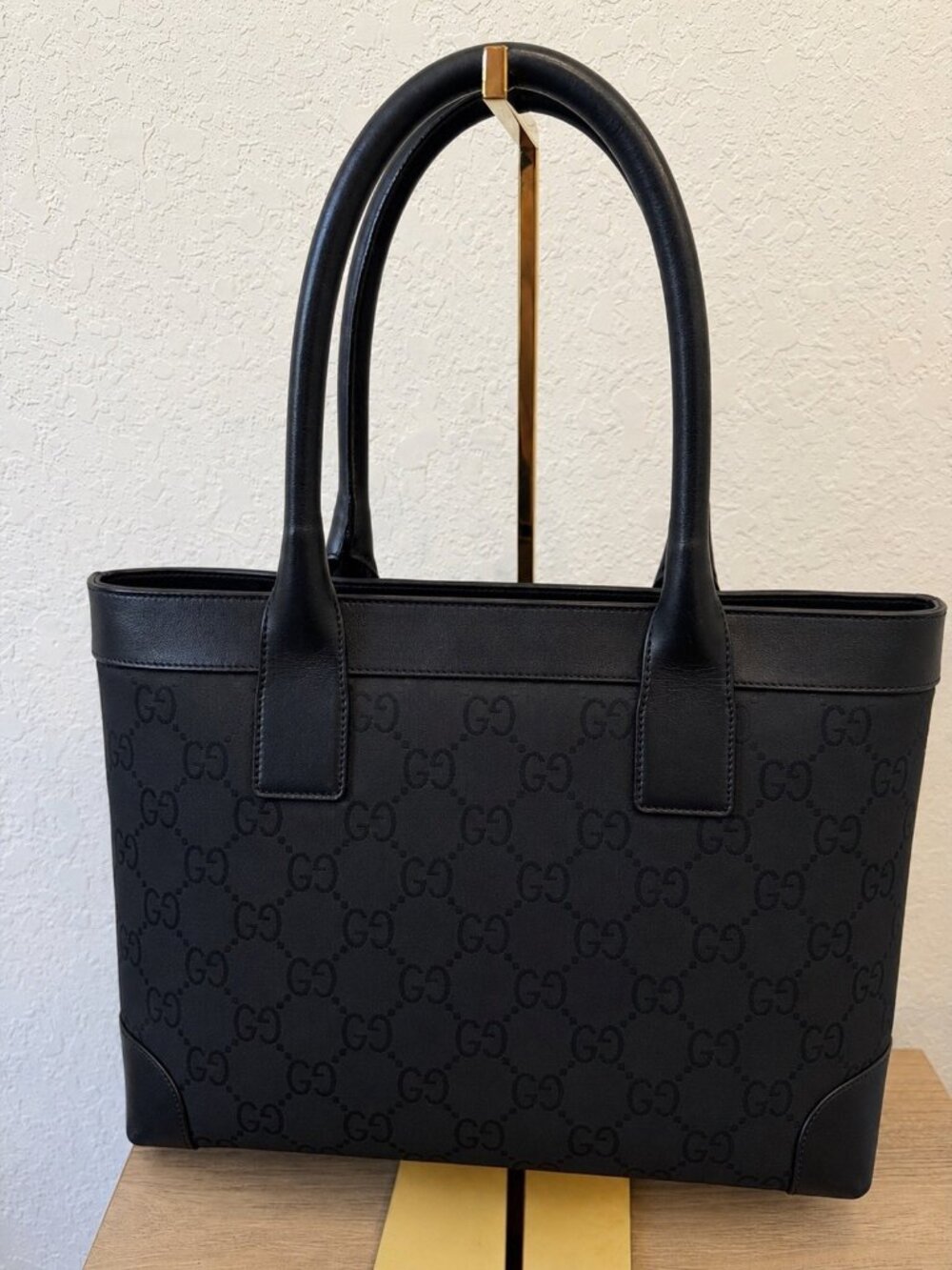 Gucci Black GG Monogram Tote – Leather Trim–Certificate of Authenticity Included